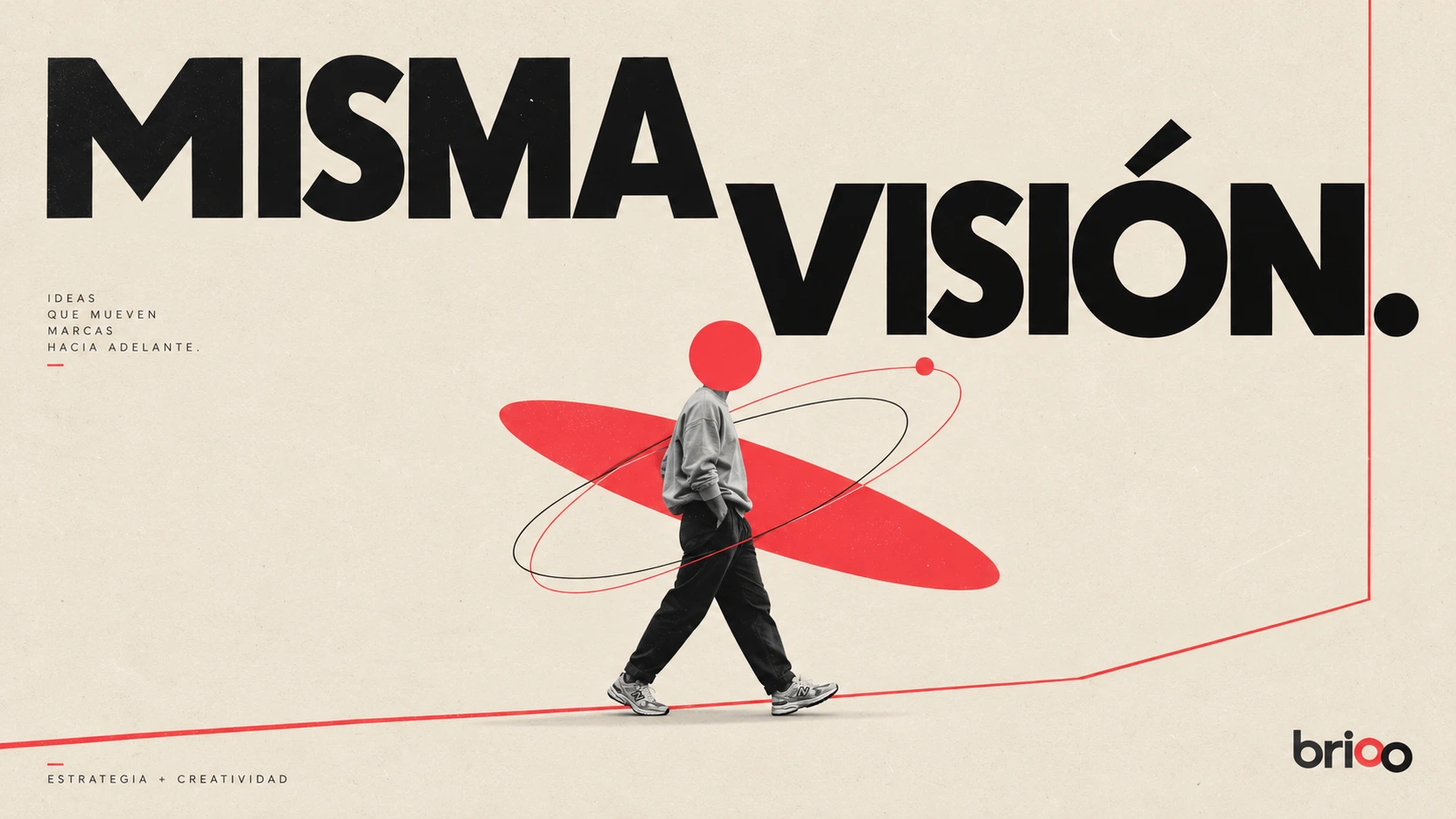 Misma visión: collage original de BRIOO con una persona caminando entre órbitas rojas y negras